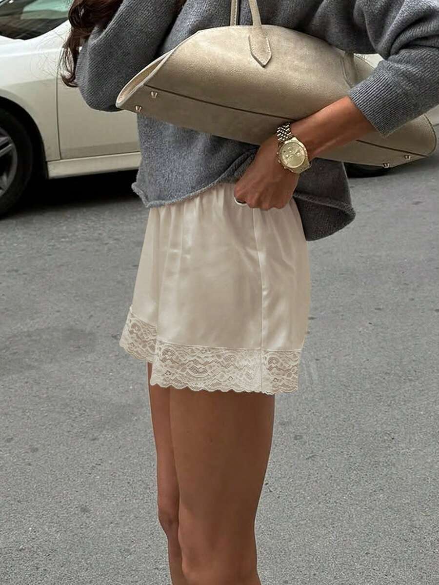 Women's Solid Color Lace Patchwork Casual Shorts Summer - Apricot - View 1