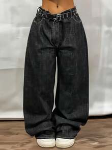 Women Y2K 90S Hip Hop Baggy Jeans Gothic Skull Embroidered Boyfriend Wide Leg Denim Pants Mid-Low Rise Loose Streetwear Outfits - 黑色 - 查看 3