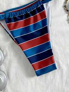 Women's Elegant Striped Print Basic Swimsuit With Round Ring Accessory, Suitable For Various Summer Occasions From Pool To Beach, Daily Triangle Bikini Beach Outfit - Multicolor - View 6