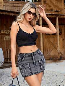 Black Denim Mini Skirt For Women In A Vintage Style, Made From 100%, Featuring A Non-Stretch Fabric, Solid Color, Summer Design, Pattern, And Pockets - 黑色 - 查看 5