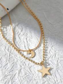 Set de 2 collares con colgante de estrella y luna de cobre con diseño único de cadena de hueso de serpiente en capas, regalo lindo para niñas - Amarillo Oro - Ver 7