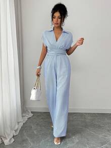 Women's Casual Elegant Striped Lapel Criss-Cross Pocket Tie-Waist Short Sleeve Jumpsuit, Spring/Summer - Blue - View 5