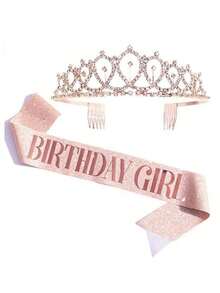 2pcs Rhinestone Decor Birthday Party Crown & Sash Set, Modern Party Crown & Sash Set For Home, - 玫瑰金 - 查看 1