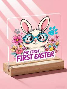 1pc Easter Decoration, Pink Bunny Table Decor, Acrylic Sign, Office Decor, Bedroom Decor, Desk Decor, Happy Easter Party Supplies, Gift Home Decor Office Desk Desk Office Supplies - Acrylic + Wooden Base - View 2