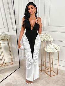 Đầm slip đen trắng phối màu tương phản Amarilo dành cho nữ, dáng ôm đuôi cá, dài ngang gối thanh lịch, phù hợp cho đi làm hàng ngày và các bữa tiệc mùa hè. - Đen và trắng - Xem 4