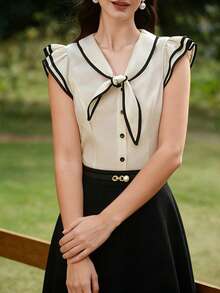 2026春夏女式衬衫，优雅飘逸的领口设计，适合约会、度假、办公、日常穿着，四季皆宜。 - 乳白色 - 查看 6