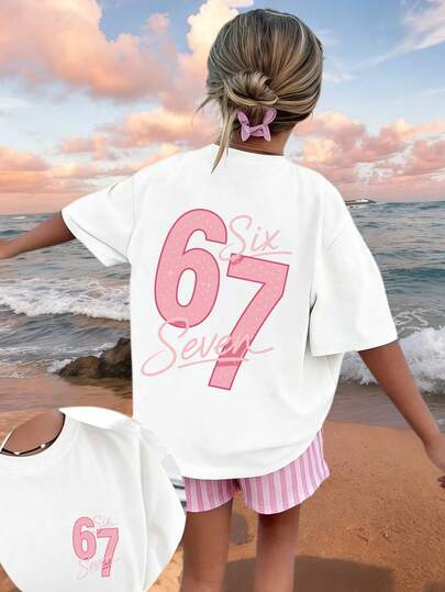 Tween Girl Star Element Six Seven 67 Cartoon Print T-Shirt, Fashionable And Versatile Casual Top, Suitable For Girls' Daily Casual Wear