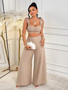AIJ Amarilo Women'S Casual Vacation Beach Two Pieces Set - Ruffled Camisole Top & Fitted Wide-Leg Trousers, Spring/Summer - Apricot - View 5
