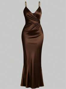 Schokoladenbraune Satin-Meerjungfrauenrock, sexy goldfarbene Ketten-V-Ausschnitt-Meerjungfrauenkleid, anliegendes weiches Damenkleid, Frühlings-/Sommer-Party Elegant - Kaffeebraun - Übersicht 6