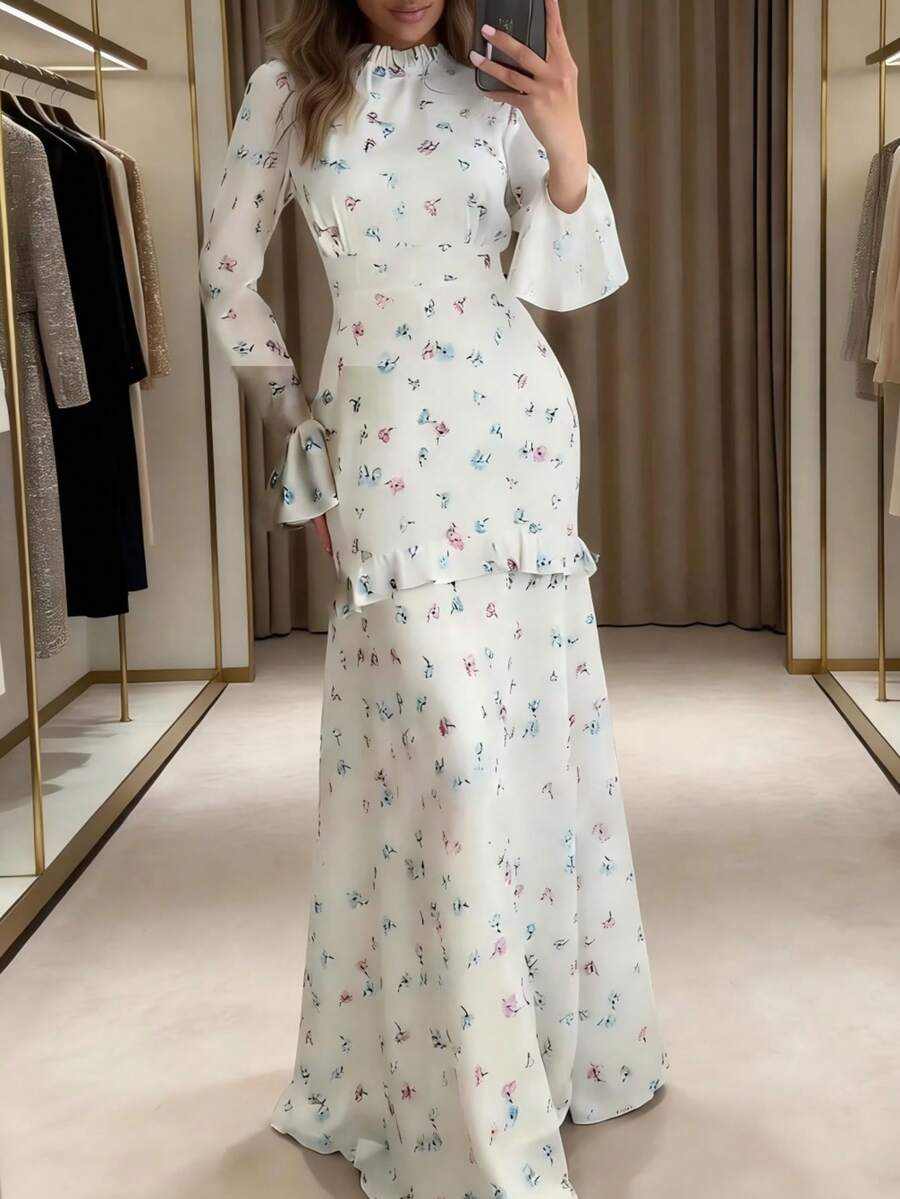 新款优雅女士柔美碎花荷叶边长袖连衣裙，春夏款 - 白色 - 查看 1