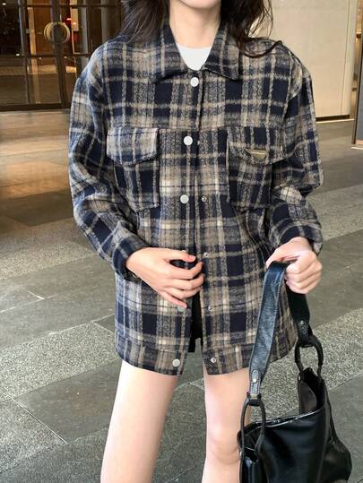 复古美式格子领女式外套，宽松羊毛开衫，休闲慵懒上衣，面料随机