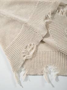 ANDREILEE Men's Spring/Summer New Unisex Korean Style Minimalist Solid Color Distressed Fringe Lightweight Semi-Sheer Loose Knit Short Sleeve Sweater, Apricot - Apricot - View 8