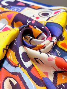 1条彩色可爱卡通猫图案女士轻薄真丝围巾披肩，适合海滩、街头、日常穿着、度假、装饰。 - 藏青邊 - 查看 4