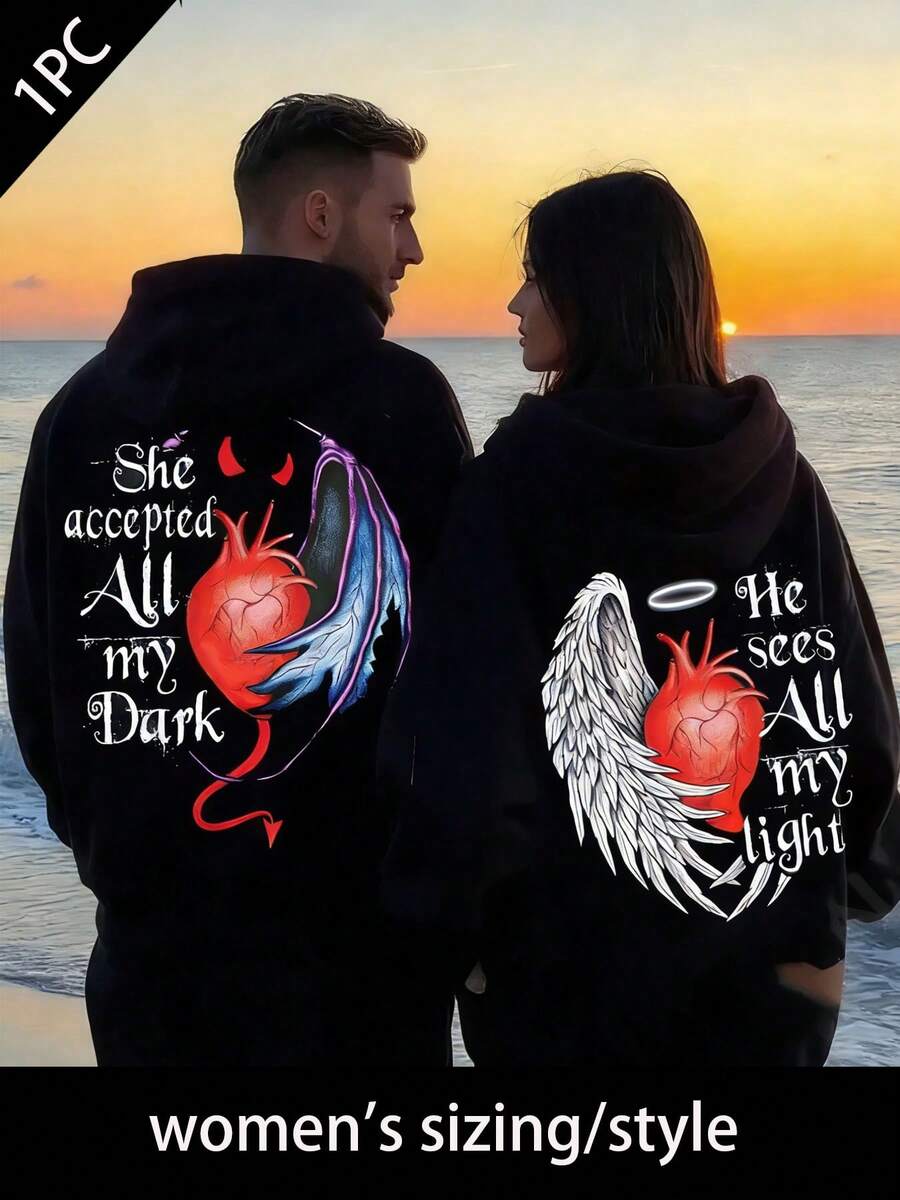 1PCMen's & Women's Matching Couple's Hooded Sweater - She Accepted All My Dark / He Sees All My Light Loose Fit Long Sleeve Pullover With Pockets, Cozy Casual Winter Sweater For Couples, Machine Washable Matching Outfits For Valentine's Day Gifts - phụ nữ ĐEN - Xem 1