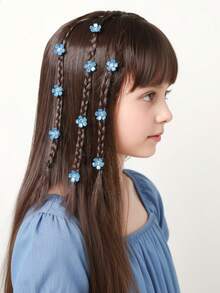 10pcs Girls Vacation Blue Rhinestone Flower Hair Ring White Small Flower Hair Clip Suitable For Daily Life, Party, Wedding Or Vacation - Blue - View 4