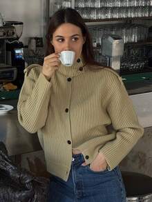 كارديجان نسائي كاجوال، ملابس علوية محبوك بياقة عالية، أكمام طويلة فضفاضة، كنزة صوفية صوفية أنيقة وعملية للسيدات - اخضر زيتون - مشاهدة 4