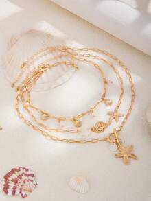 3pcs/Set Geometric Chain, Faux Pearl, Starfish, Scallop Tassel Pendant Necklace, Elegant Luxury, Suitable For Wedding, Party, Beach, Casual, Street Style, Women & Couples, Holiday, Birthday Gift - Necklace - View 6