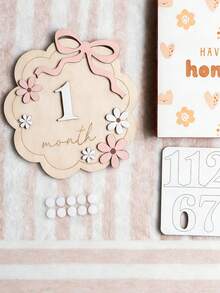 1 Set Baby 1-12 Months Milestone Double-Sided Commemorative Plaque, Monthly Milestone Party Photography Props, 3D Bow Milestone Wooden Plaque, Baby Announcement Sign, Interchangeable Numbers, For Baby Growth Record - Multicolor - View 1