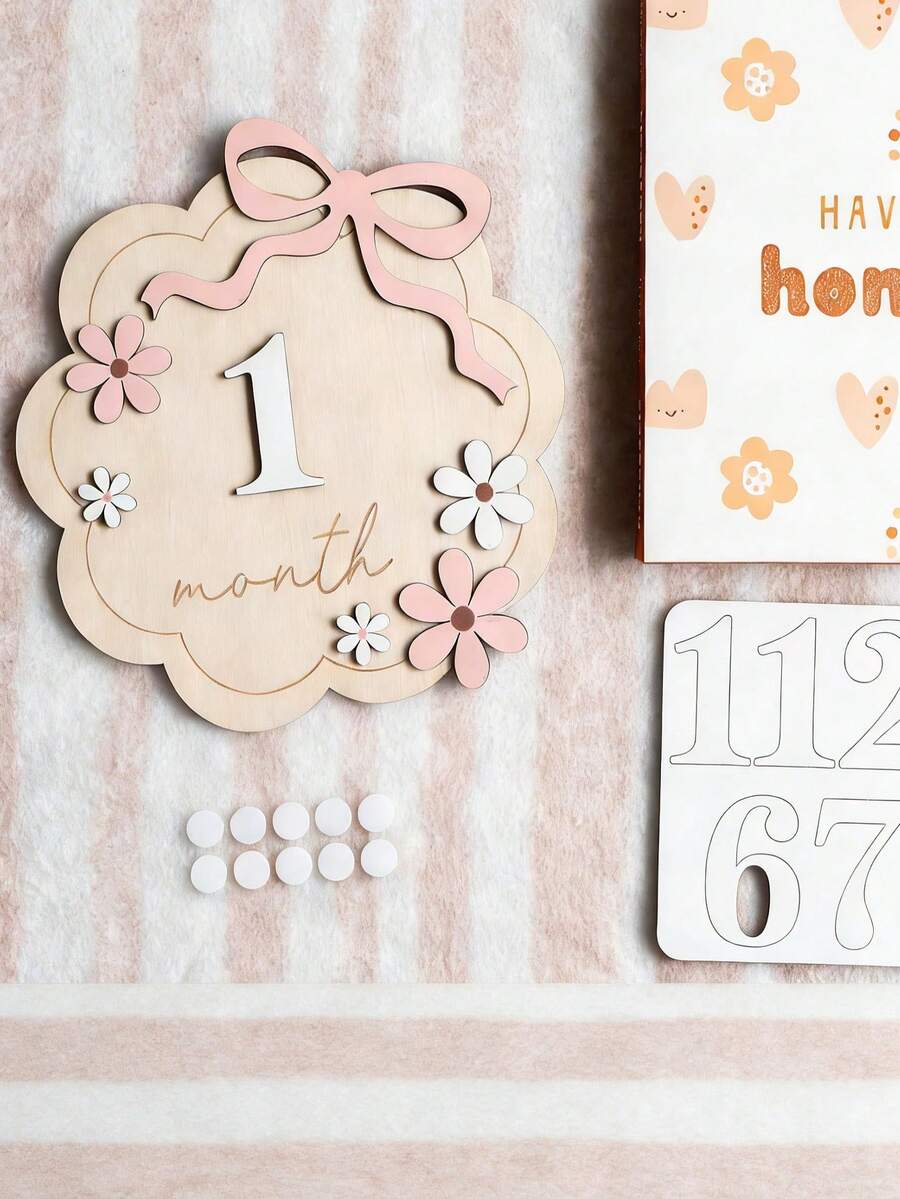 1 Set Baby 1-12 Months Milestone Double-Sided Commemorative Plaque, Monthly Milestone Party Photography Props, 3D Bow Milestone Wooden Plaque, Baby Announcement Sign, Interchangeable Numbers, For Baby Growth Record - Multicolor - View 1