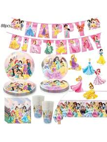88pcs Cartoon Princess Theme Tableware Set, Including 7-Inch Plates, 9-Inch Plates, Hanging Flags, Napkins And Tablecloth, Suitable For Various Occasions Like Festivals, Parties And Gatherings - Multicolor - View 12