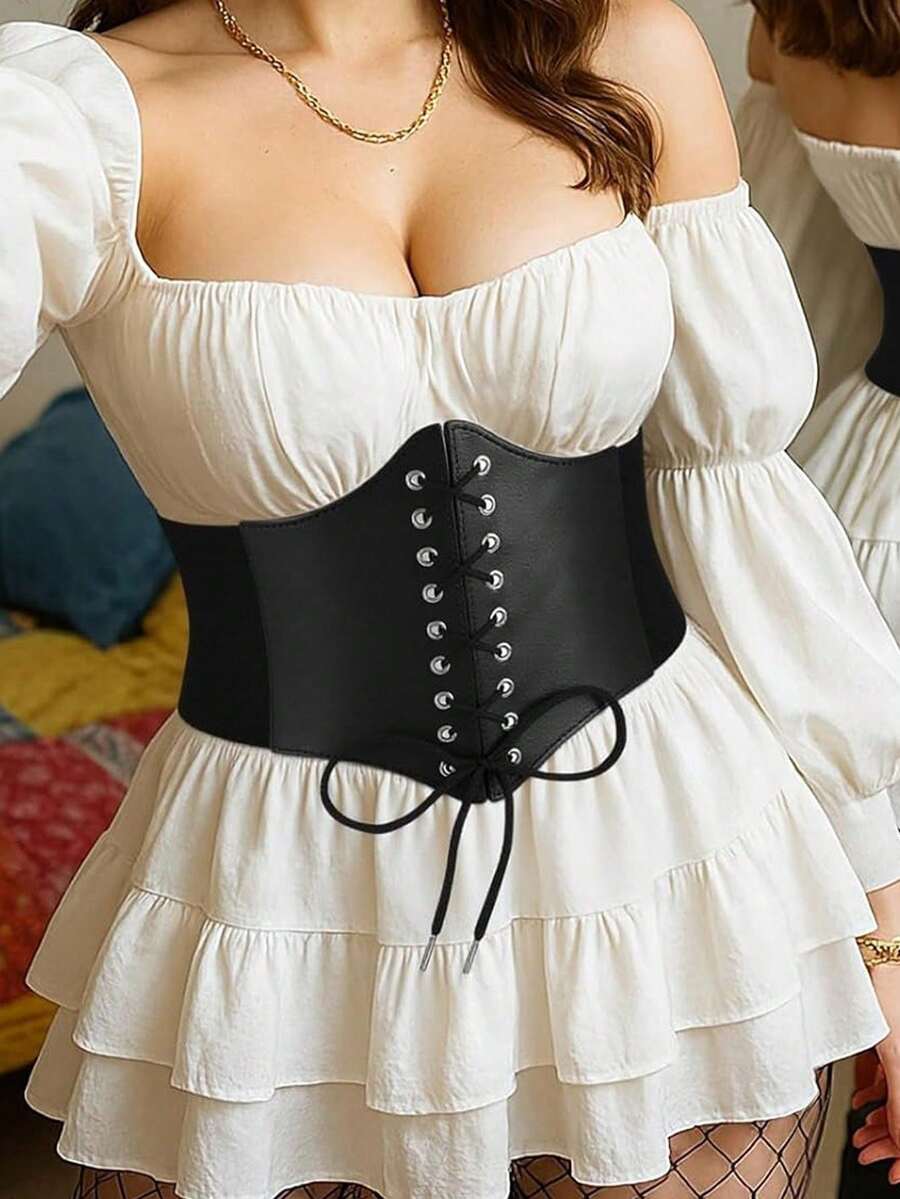 1pc Women's Basic Casual Black Drawstring Elastic Adjustable PU Leather Waist Belt, Suitable For Dresses Or Daily Wear - Black - View 1