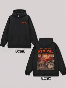 Men's "TREATY OAK REVIVAL" Patterned Hoodie, Retro Street Style, Casual Long-Sleeved Sweatshirt, Y2K, Country Rock Style, Fashionable Street Hoodie, Winter Men's Outerwear, A Great Gift For A Friend. - 黑色 - 查看 2