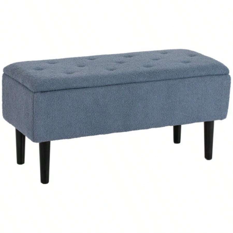 Storage Bench, Bed Bench, Upholstered Bench With Hinged Lid, Chest Bench, For Living Room, Bedroom, Blue, 95 X 38 X 45 Cm