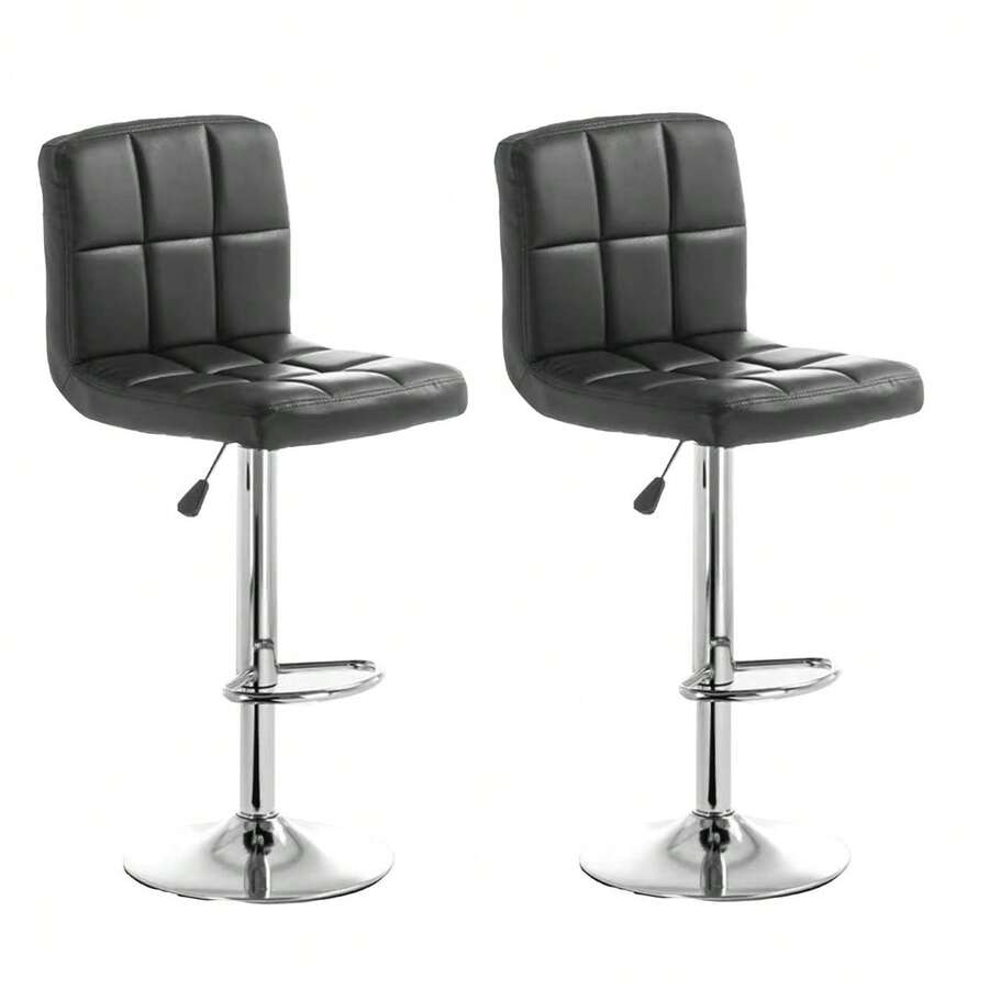 HappyWare Set de 2 Bancos Altos para Barra Giratorios 360° con Respaldo Acolchonado y Altura Ajustable. Diseño moderno y minimalista ideal para cocina, barra o desayunador. Ajuste de altura por sistema hidráulico (aprox. 95 – 115 cm). Respaldo acolchonado para mayor comodidad y mejor postura + reposapiés metálico integrado. Asiento cómodo con tapizado acolchado de fácil limpieza. Estructura resistente con base amplia de metal cromado que brinda estabilidad y durabilidad. Bancos altos giratorios ideales para barras, islas de cocina, desayunadores, bares en casa o restaurantes. Soportan hasta 120 kg por banco. Fáciles de armar y de estilo contemporáneo que combina con cualquier espacio. - Negro - Ver 1