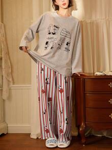 2pcs Snoopy Cotton Sleepwear Set, Cartoon Print, Soft & Breathable Homewear Suit, Spring & Autumn - Light Grey - View 9