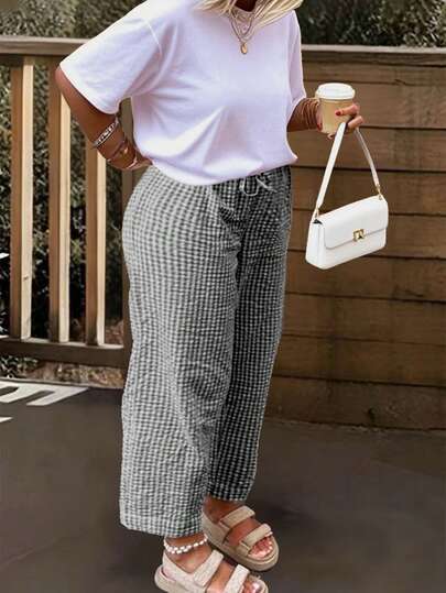 Women's Black Plaid Patchwork Wide Leg Pants | Bow Waist Design | Suitable For Valentine's Day, Race Day, Beach Vacation And Daily Wear, 2026 Spring/Summer Bohemian Style