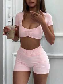 Summer Solid Color Casual Short Sleeve Top And Shorts 2 Pieces Set Pink - Pink - View 2