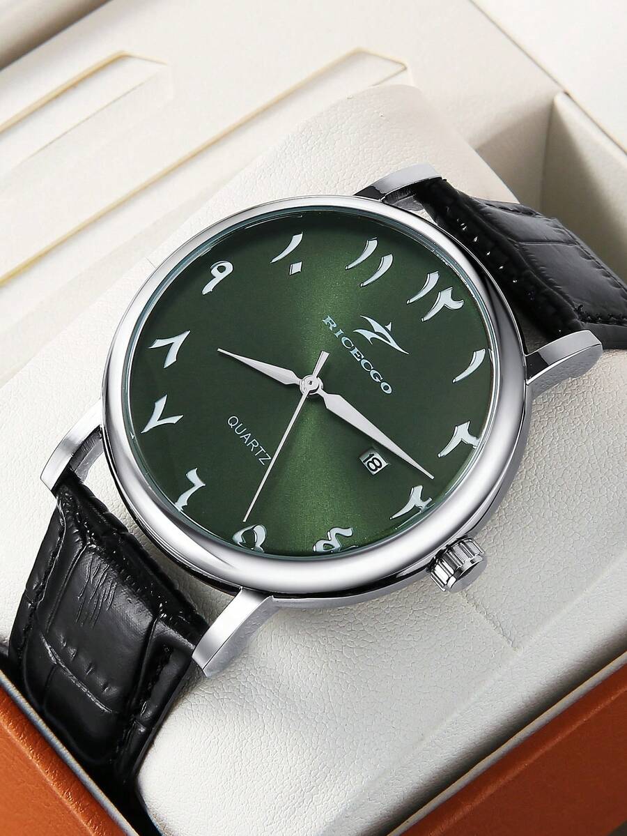 RICECGO 1pc Men's Quartz Watch, Round Dial With PU Leather Strap, Casual Date Display, Suitable For Daily Wear And Holiday Gifts