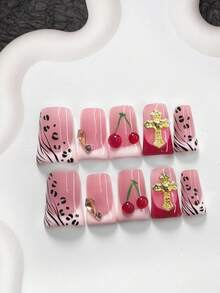 10片复古甜美少女风美甲凝胶套装，亚克力压制甲片，金色十字架，香槟色不对称钻石形美甲饰品，手绘3D红色樱桃，黑色豹纹和树枝美甲装饰，手工压制甲片 - 彩色 - 查看 13