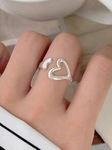 1枚S925纯银极简镂空心形开口戒指，女士清新优雅百搭指节/中指戒指，独特心形戒指礼品 - 鏤空愛心 - 查看 4