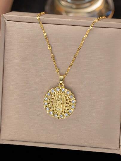 1件复古风格金色圣母玛利亚圆形吊坠项链，优雅文化主题女性饰品，适合聚会和日常佩戴（OPP袋包装）