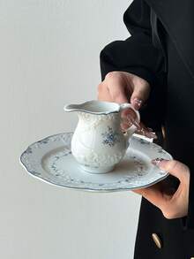 1pc French Vintage Lace Embossed Blue Snowflake Ceramic Plate & Creamer, Suitable For Home, Restaurant, Afternoon Tea, Dessert, Western Dining, Elegant Gift For Friends And Classmates - Multicolor - View 7