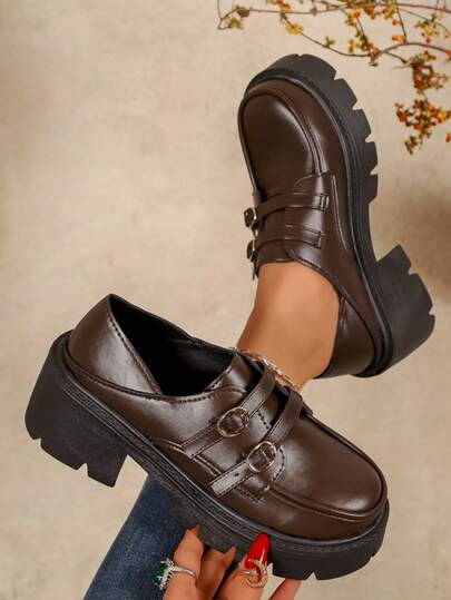 Women's Retro Platform Loafers With Thick Sole, Leather Patchwork, Comfortable Casual Shoes, Versatile For Daily Wear