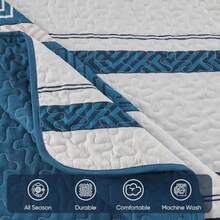Quilt Set Queen Size Blue Striped Boho Bedspread Coverlet Set 3 Pieces Striped Patchwork Bedding Set Soft Microfiber Lightweight Bed Cover For All Season Blue 96''x90'' - Blue+Queen - View 8