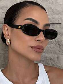 1pc New Small Frame Oval Fashion Glasses, Retro Street Style Versatile Personalized Glasses For Women For Summer Beach Vacation, Outdoor, Travel  Plain    Casual    PC    None - 黑色 - 查看 5