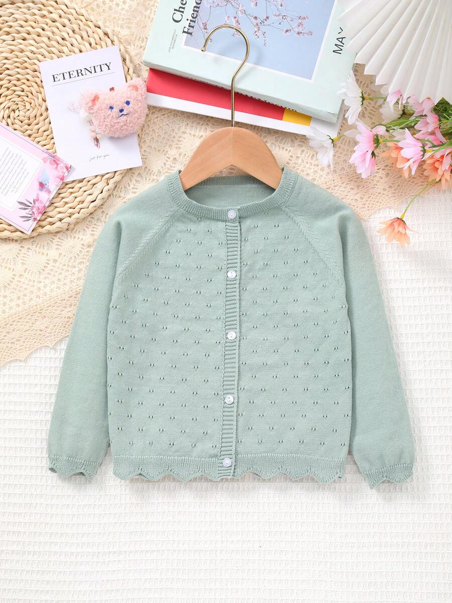 Infant Girls' Lightweight Hollow Floral Button-Up Long Sleeve Knit Cardigan Sweater - Cadet Blue - View 1