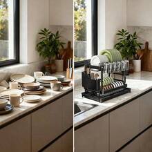 1 Set Black Dish Drying Rack, Large Stainless Steel Dish Rack With Drip Tray, Cup Holder And Cutlery Holder - 2-Tier Dish Rack For Countertop, Saves Dishwasher, Kitchen And Sink Solution, Apartment Essential, Kitchen Organizer With Cutlery Holder - Multicolor - View 2