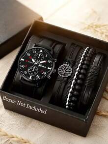 5件套男士时尚商务手表套装 - 1块圆形指针石英表，配PU皮表带，搭配生命树手链，适合派对、旅行、返校、复活节、感恩节以及赠送朋友/父亲等场合。 - 彩色 - 查看 3