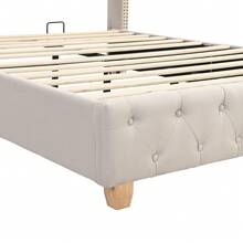 Upholstered Bed 160 X 200 Cm With Crossbar Frame And Headboard, Button Tufting, Rivet Tufting, Wooden Base, Linen, Beige