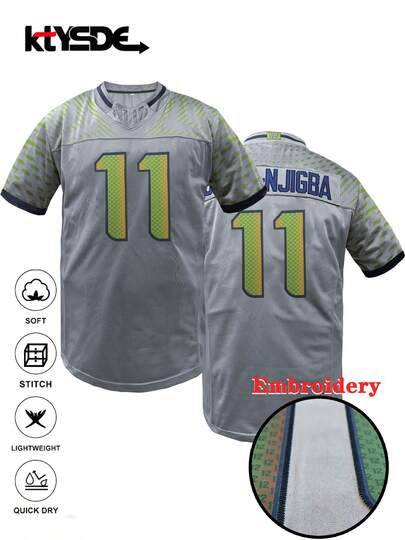 KTYSDE 男士11号灰色美式橄榄球球衣，经典西雅图刺绣，V领宽松短袖运动橄榄球衫，适合日常休闲、比赛训练、街头嘻哈风格，情人节礼物，男女通用