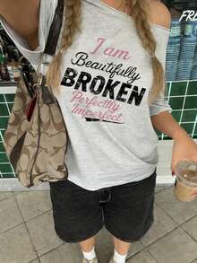 Nova Camiseta Casual de Verão com Estampa de Letra Americana Estilosa, Manga Curta com Ombro Oblíquo, Versátil e Elegante, Adequada para Mulheres - Cinza escuro - Visão 2