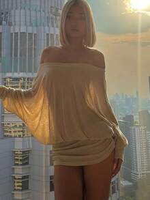 女士杏色性感露肩褶皱紧身设计透视长袖紧身休闲街头风派对假日连衣裙，优雅时尚 - 杏色 - 查看 3