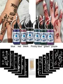 Handmade Tattoo Template & Natural Dye Kit (Tattoo Template + Natural Plant Dye), Multi-Designs Suitable For Men & Women. Semi-Permanent Finger, Wrist, Shoulder, Neck, Collarbone, Body Art, Skin Painting, Waterproof Tattoo Template Set - Multicolor - View 3