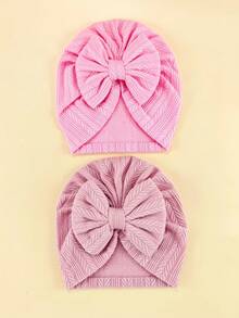 2个/包 1-6个月婴儿针织提花发带帽，婴儿蝴蝶结头巾帽，帽子，新生儿针织帽 - 彩色 - 查看 15