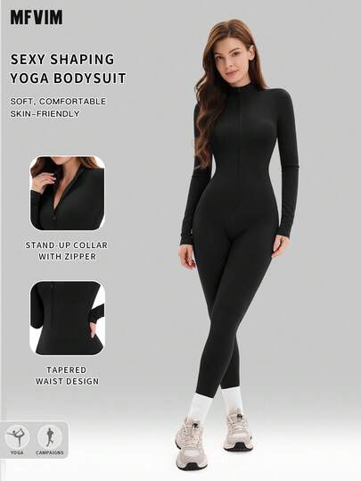 MFVIM 女士纯色拉链滑雪连体服，休闲运动长袖滑雪骑行连体服，女士秋冬运动服