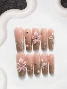 10件套凝胶美甲套装，亚克力美甲套装，包含手工制作的五瓣渐变粉色花朵、不对称白色水钻美甲装饰、手绘粉色花卉图案、银色猫眼设计，适合女士和女孩的手工按压式美甲贴片。 - 彩色 - 查看 18
